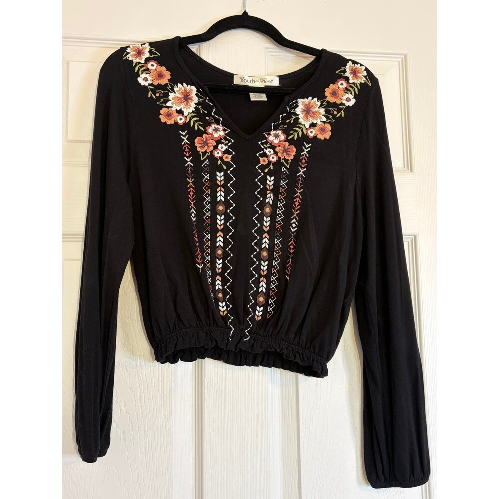Youth In Revolt Boho Peasant Top Small S Floral Black Long Sleeve Long sleeve